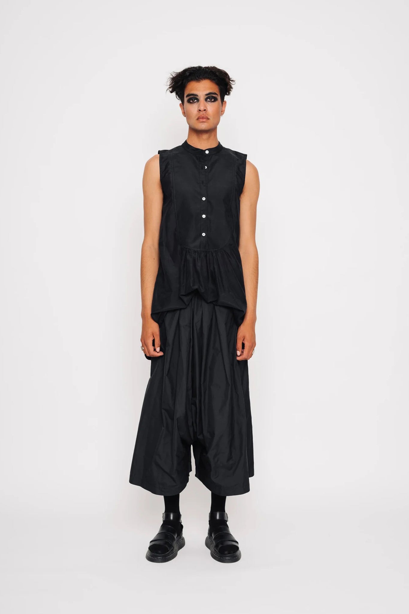 Drawstring drop crotch culottes | Cotton | Black