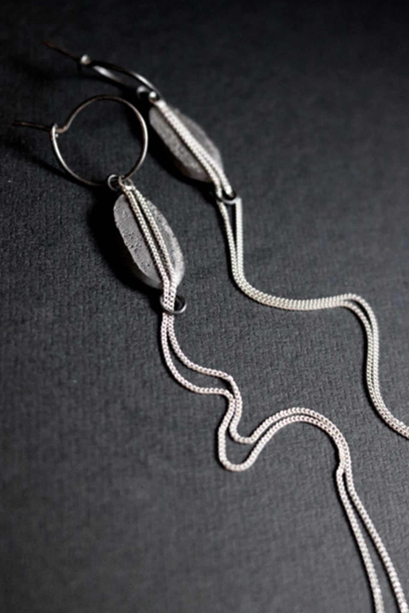 Oval Drop w. Chain Earrings | Oxidised + Polished Silver