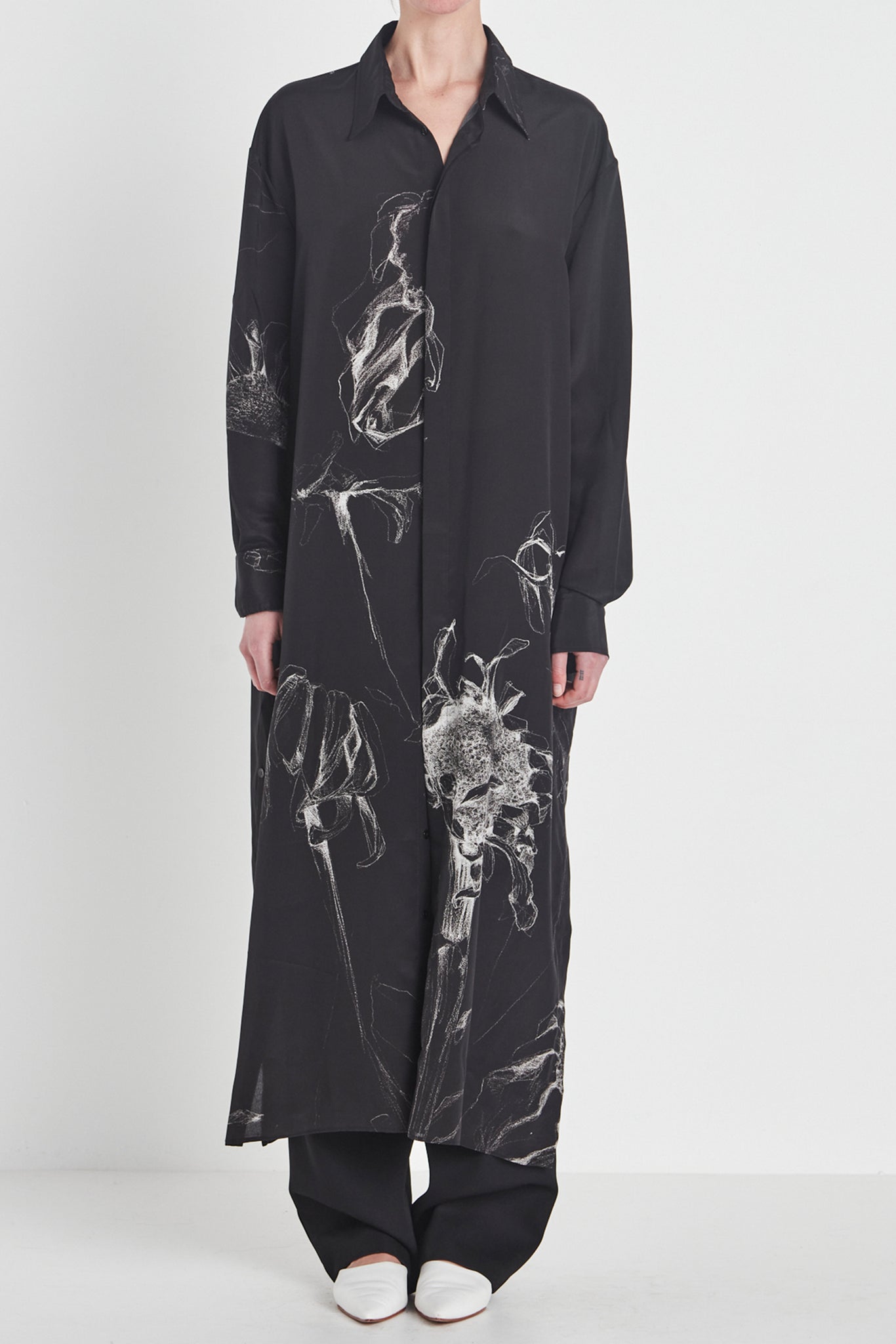 Button Through Midi Shirt Dress w Original Artwork | Silk Crepe De Chine | Black  White